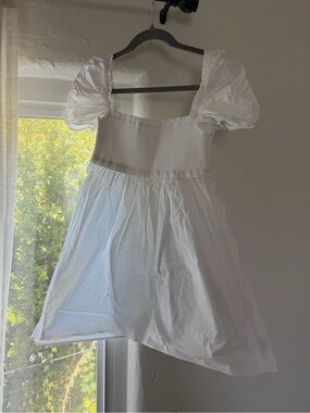 Aritzia White Puff-Sleeve Smocked Mini Dress